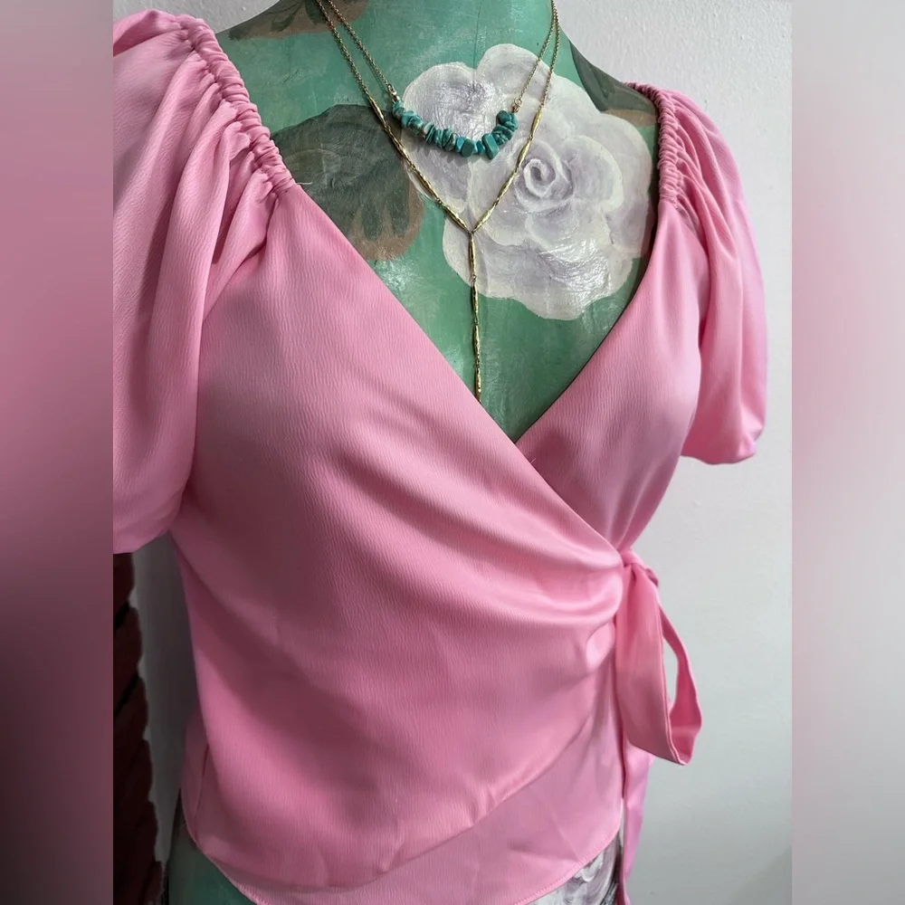 WAYF Tie Waist wrap blouse, pink, size XS - Picture 2 of 7